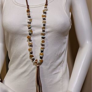 Vintage glass beaded stone necklace w/tassel & cord tie